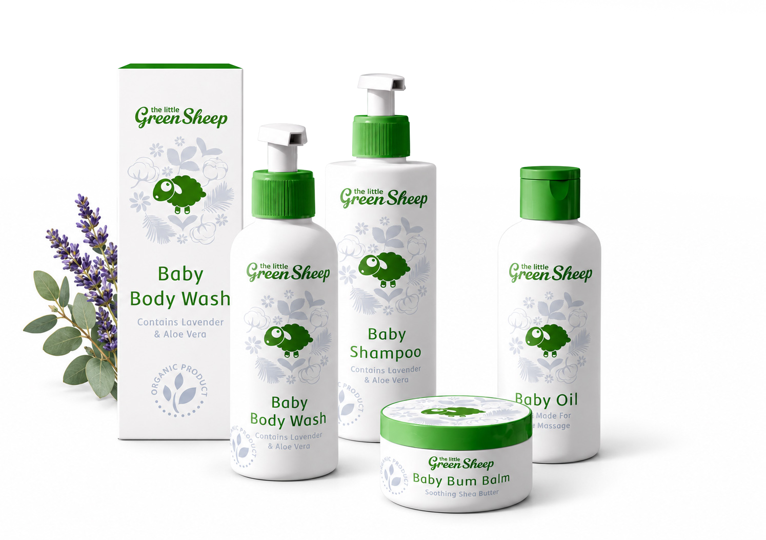 The Little Green Sheep baby-care range in white and green branded packaging, with lavender and eucalyptus.